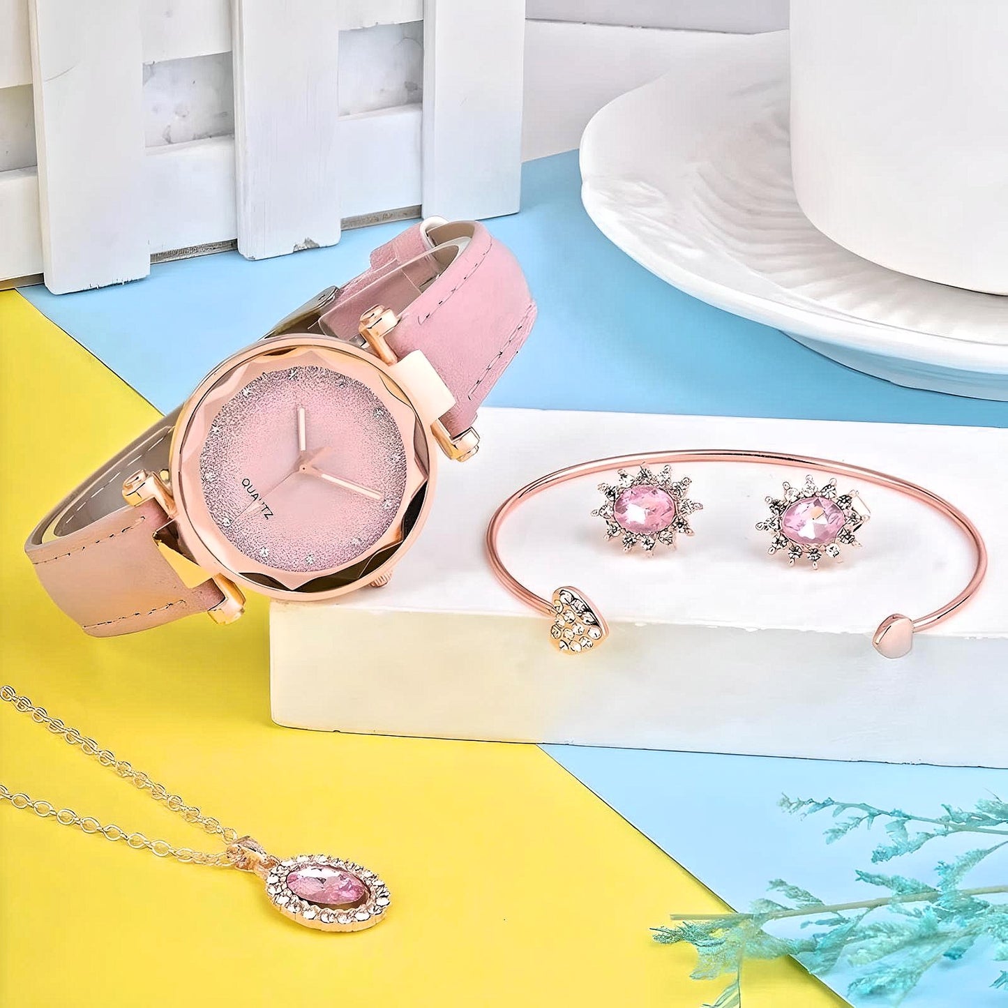 4Pc Jewelry Combo Set including Quartz Watch-Pink