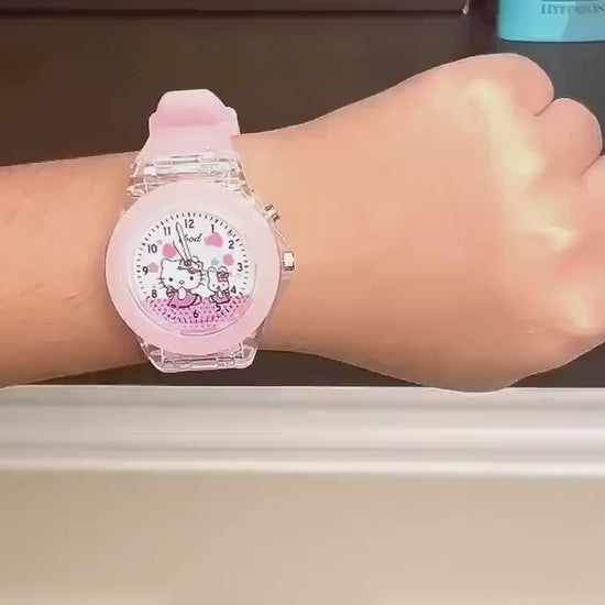 Kawaii Kitty Light Up Analog Kids Watch with Silicone Band - Pink