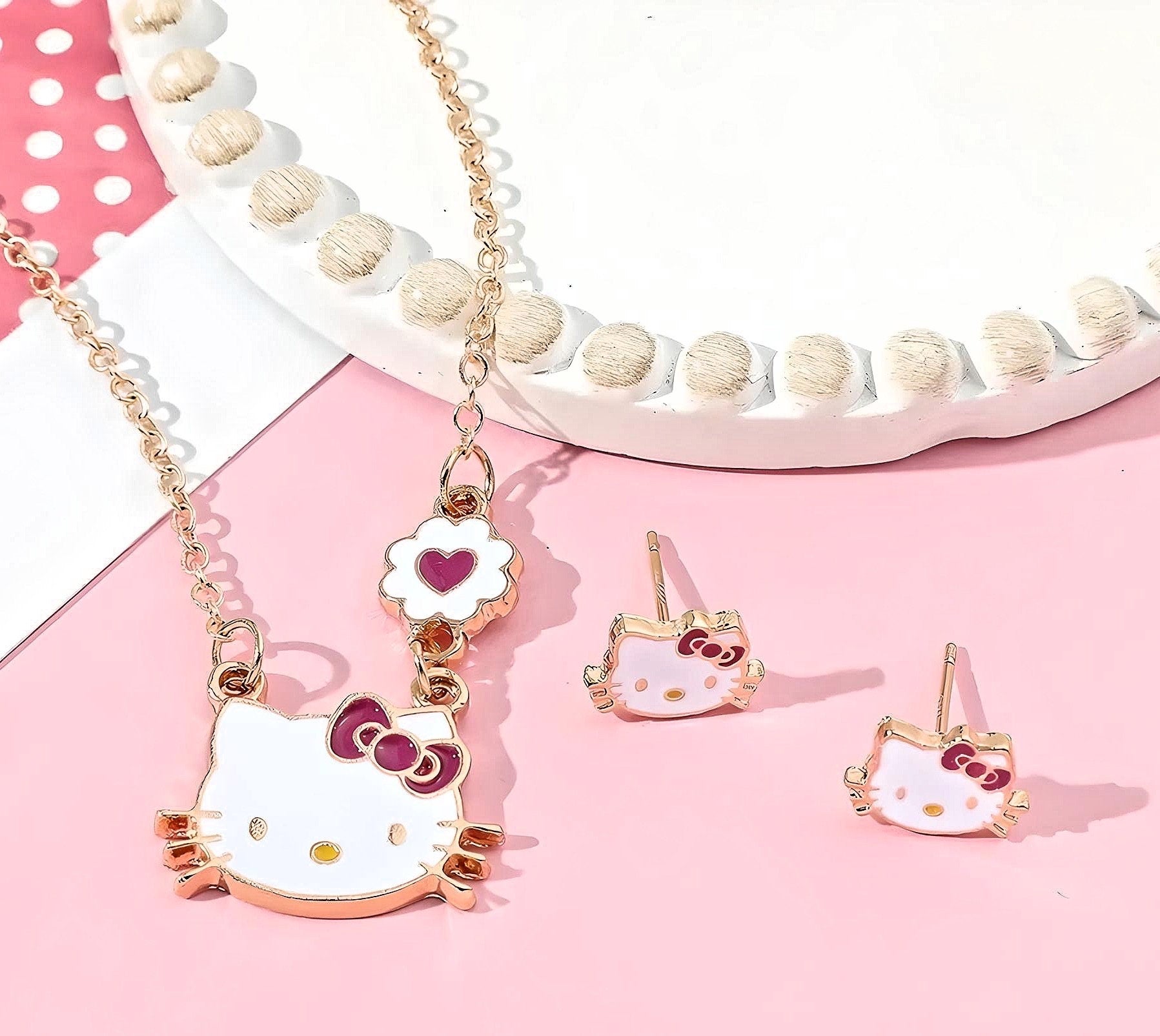 Kawaii Kitty Necklace & Earring Set