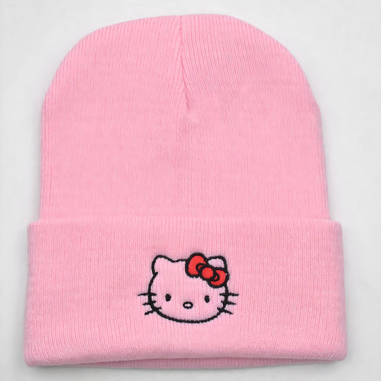 Kawaii Kitty Embroidered Beanie - Pink