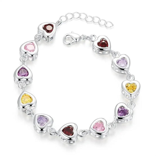 Sterling Silver Hearts with Colored Stones Bracelet