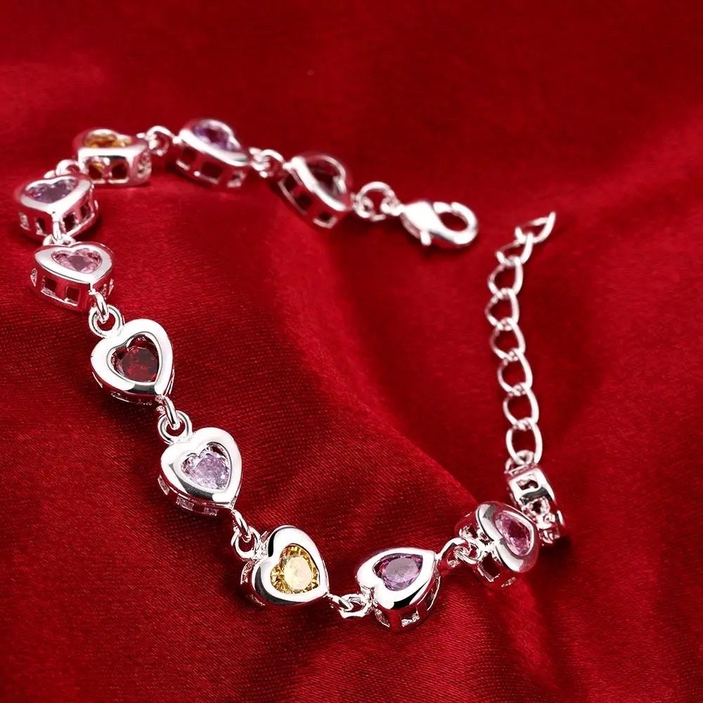 Sterling Silver Hearts with Colored Stones Bracelet