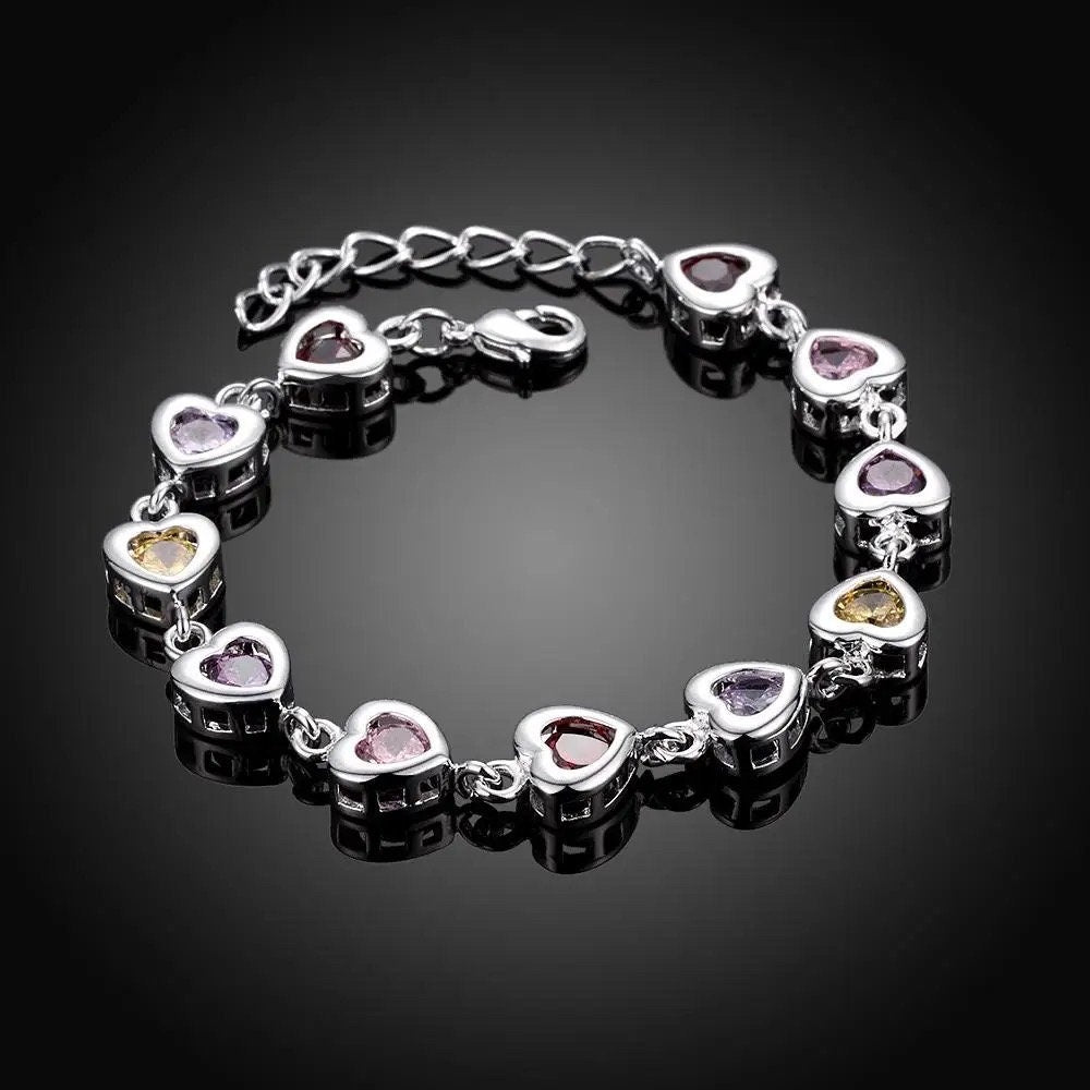 Sterling Silver Hearts with Colored Stones Bracelet