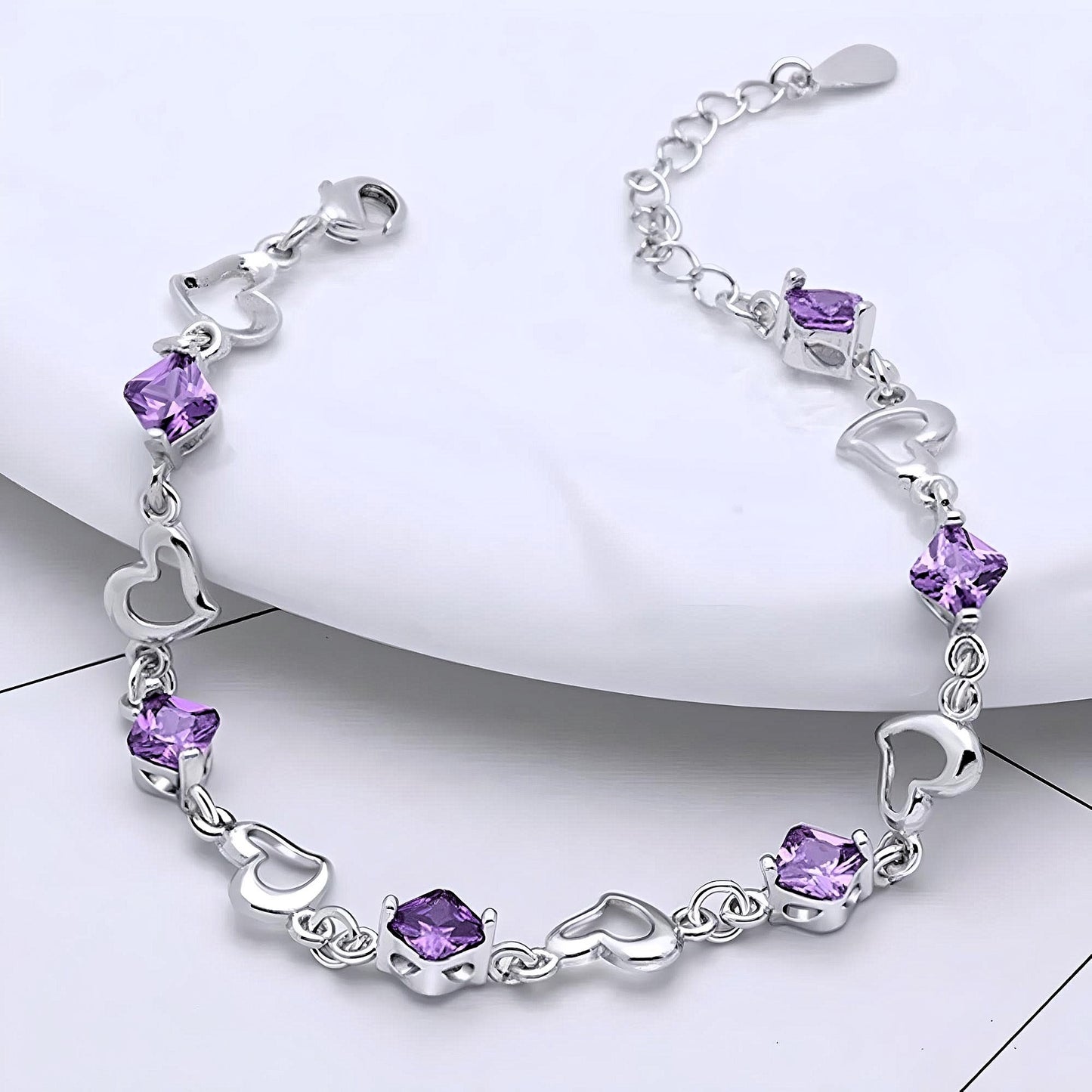 Sterling Silver Heart and Purple Stone Bracelet