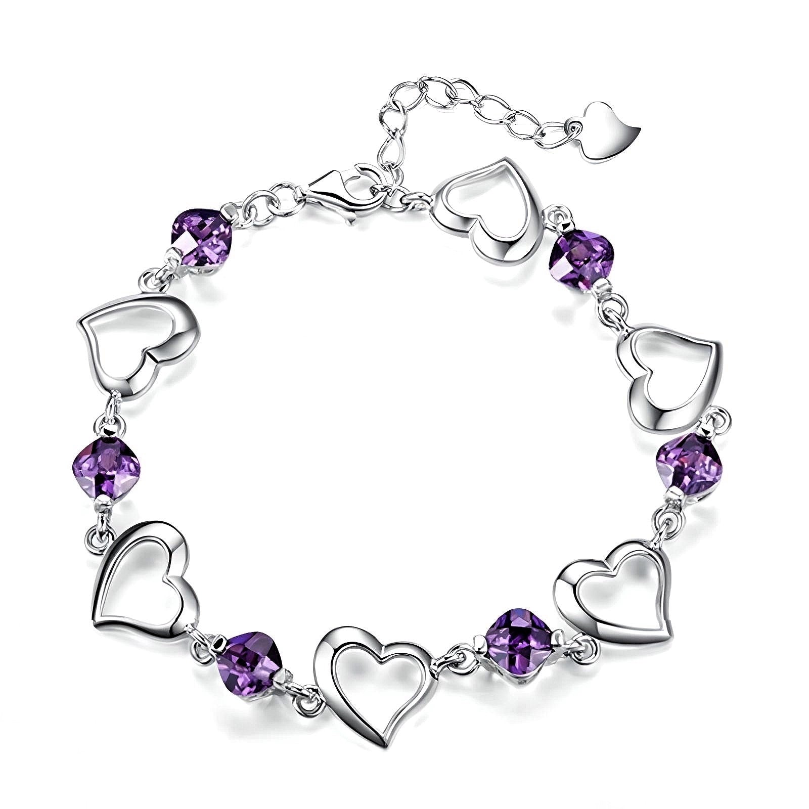 Sterling Silver Heart and Purple Stone Bracelet