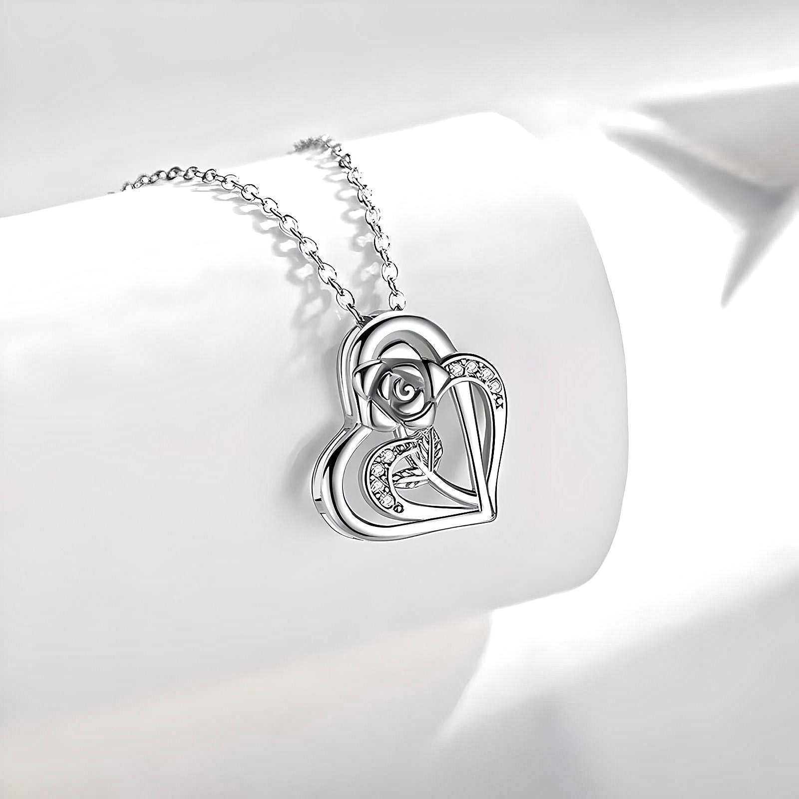 925 Sterling Silver Heart Pendant with Rose Necklace