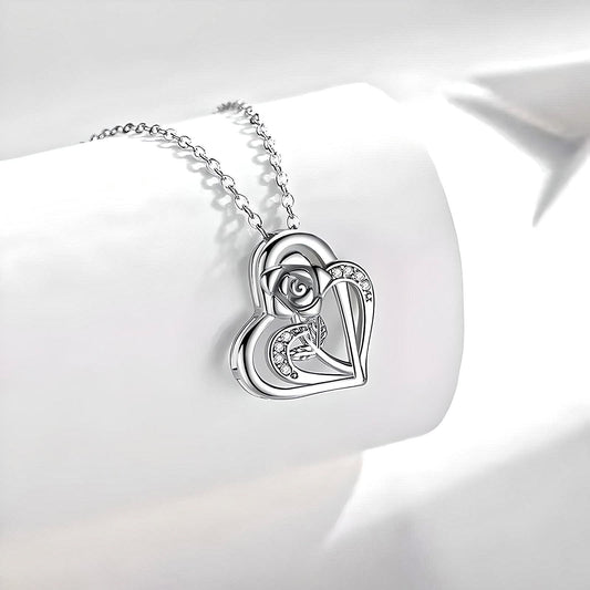 925 Sterling Silver Heart Pendant with Rose Necklace