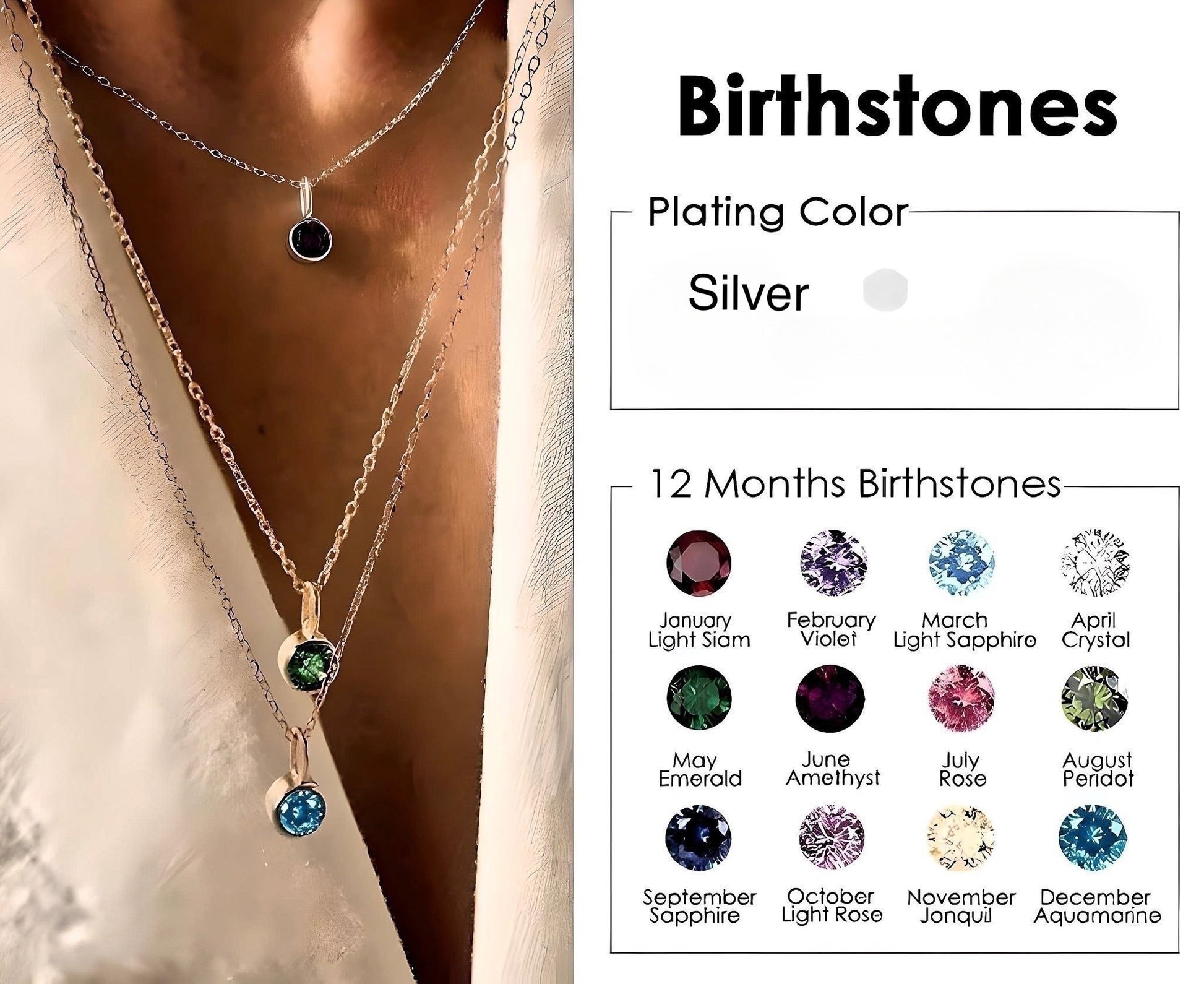 Birthstone Pendants with Silver Plated Stainless Steel Chain