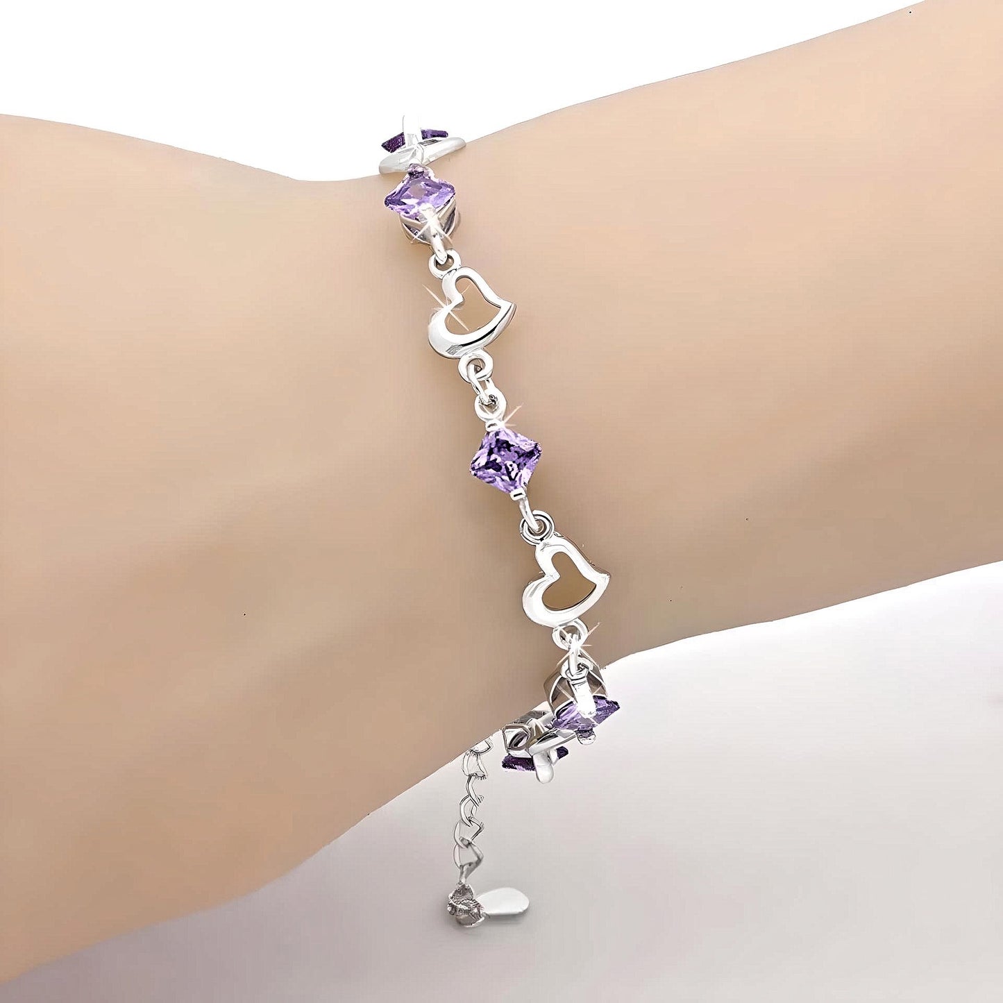 Sterling Silver Heart and Purple Stone Bracelet