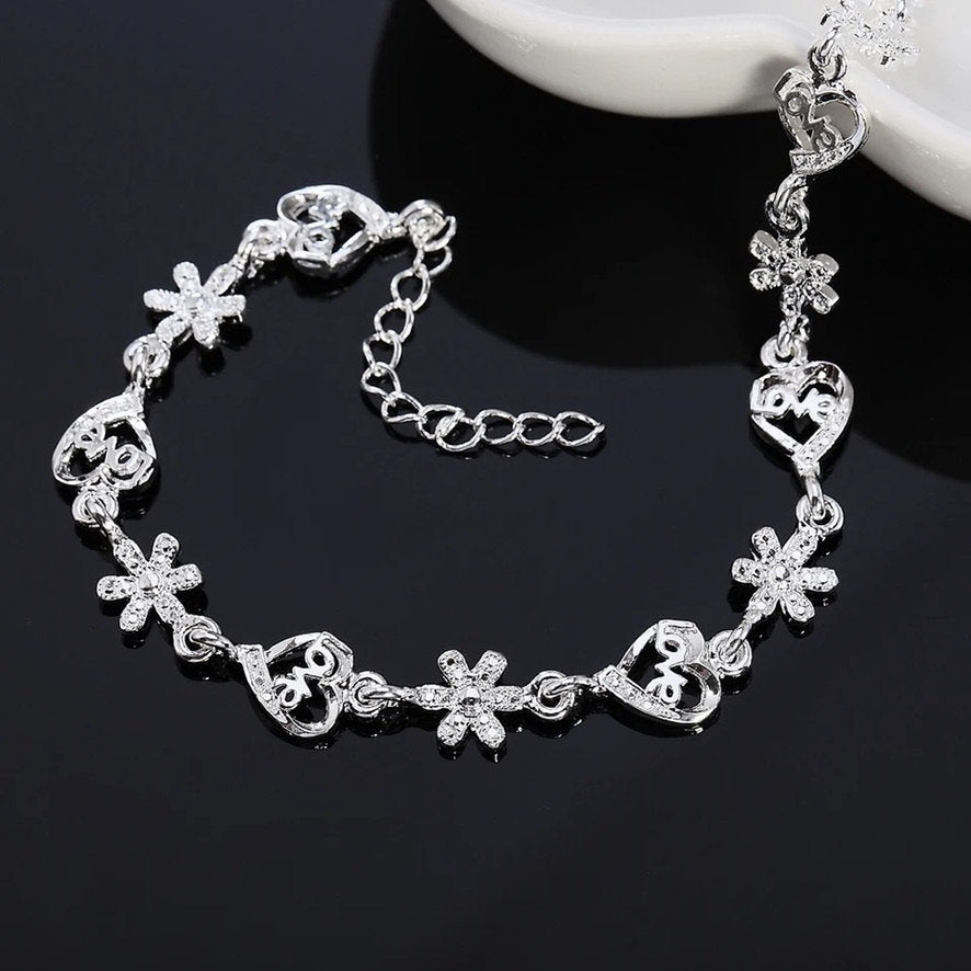 925 Sterling Silver Love & Flower Chain Bracelet