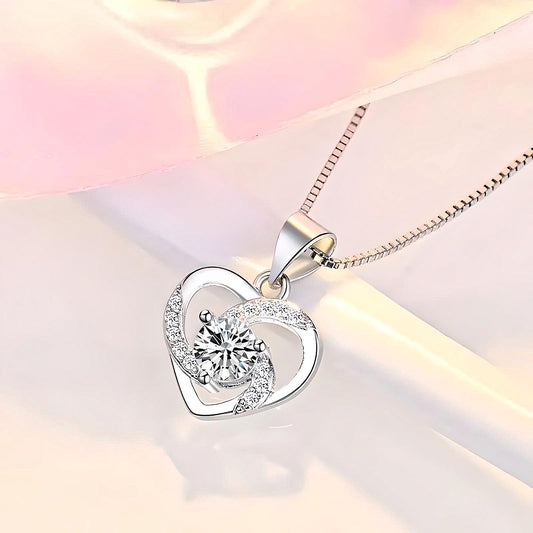 925 Sterling Silver Heart Pendant with Center Stone Necklace