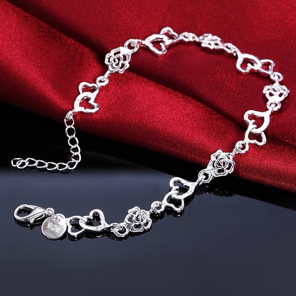 925 Sterling Silver Hearts & Roses Chain Bracelet