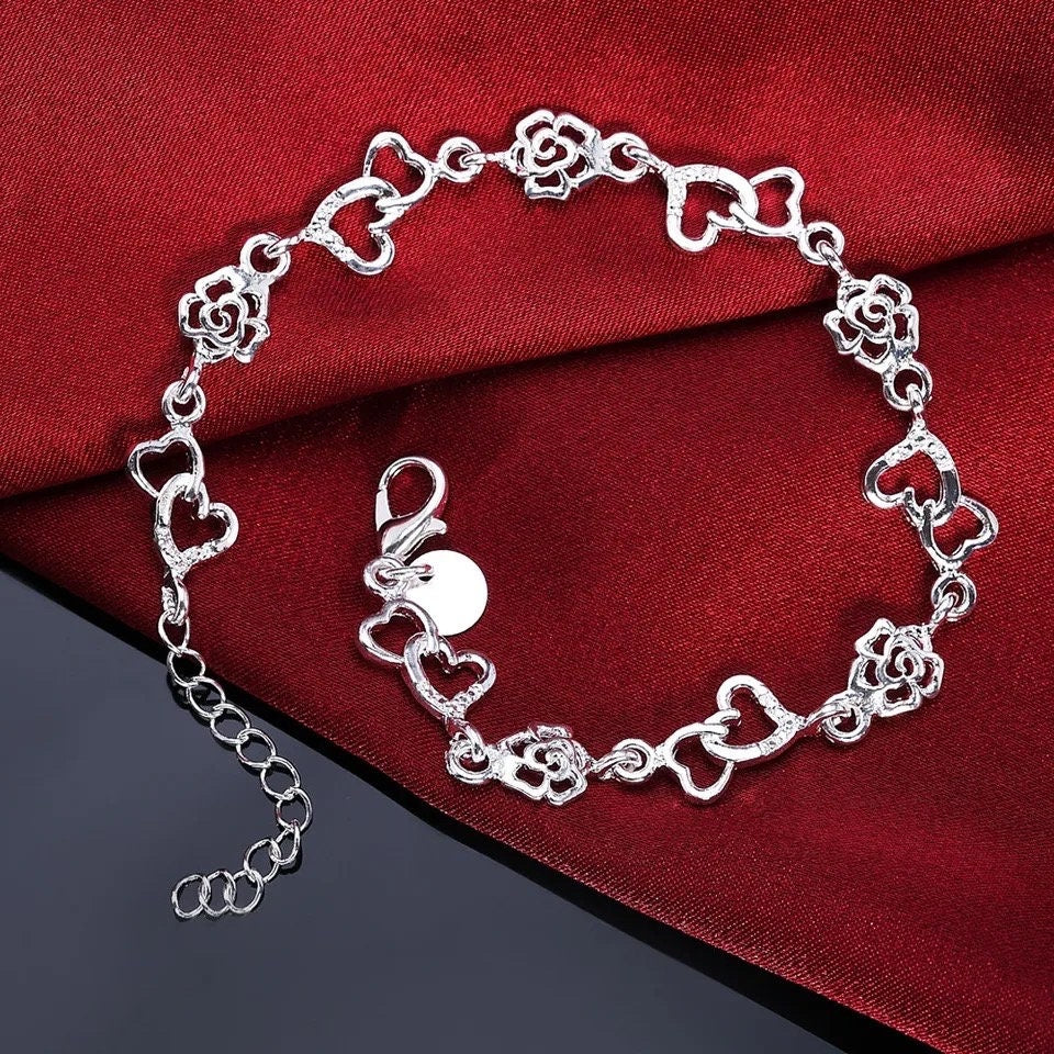 925 Sterling Silver Hearts & Roses Chain Bracelet