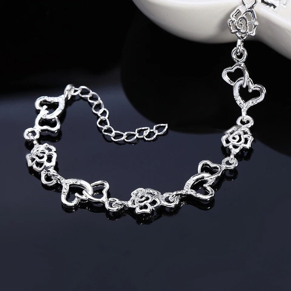 925 Sterling Silver Hearts & Roses Chain Bracelet