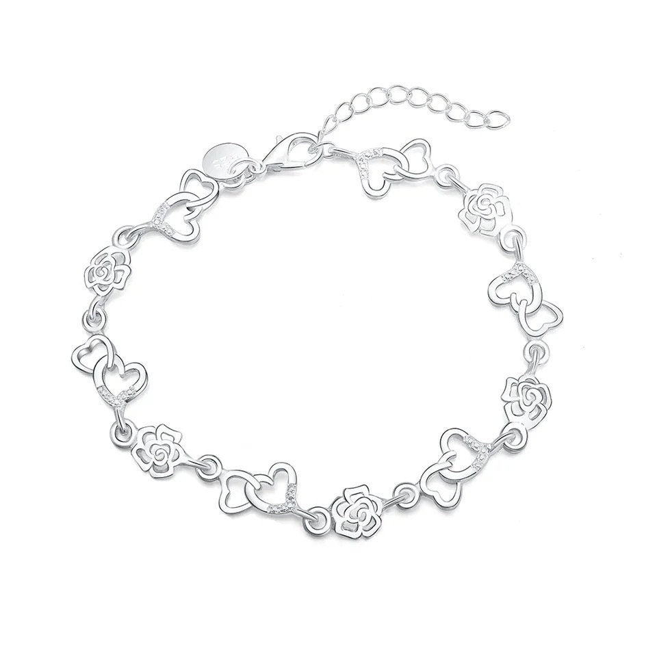 925 Sterling Silver Hearts & Roses Chain Bracelet