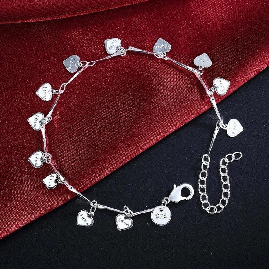 925 Sterling Silver Love Charms Chain Bracelet