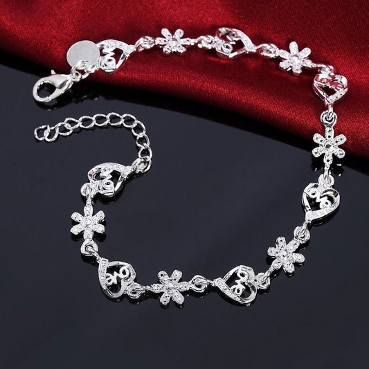 925 Sterling Silver Love & Flower Chain Bracelet