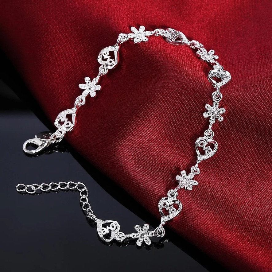 925 Sterling Silver Love & Flower Chain Bracelet