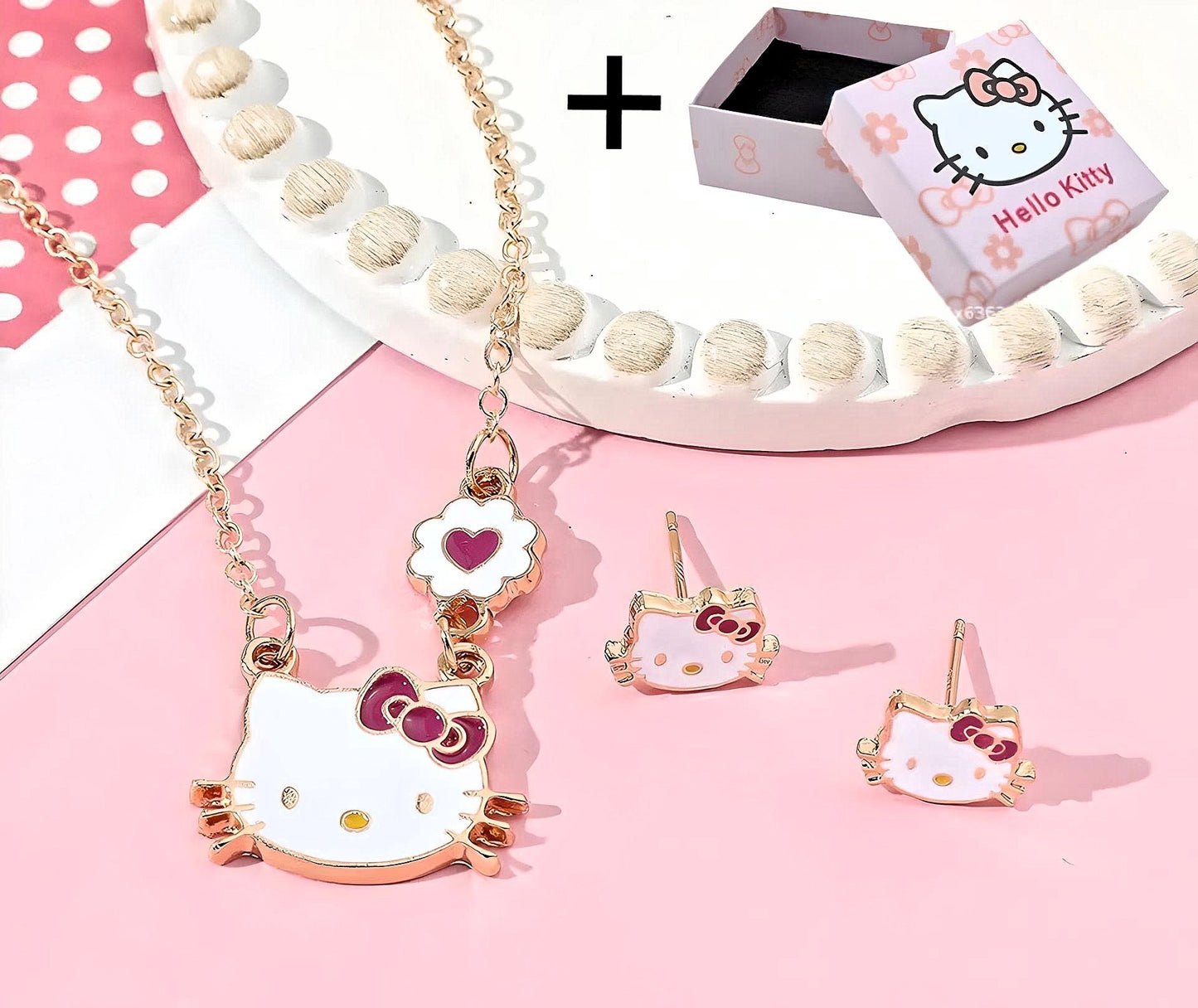 Kawaii Kitty Necklace & Earring Set with Gift Box