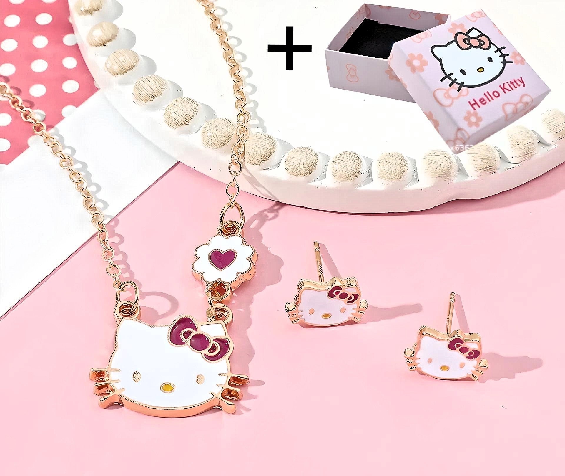 Kawaii Kitty Necklace & Earring Set with Gift Box