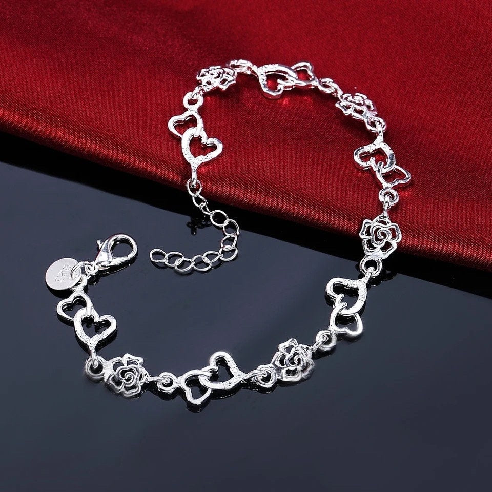 925 Sterling Silver Hearts & Roses Chain Bracelet