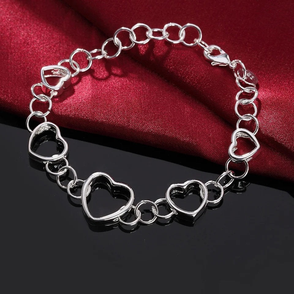 925 Sterling Silver Hearts Chain Bracelet