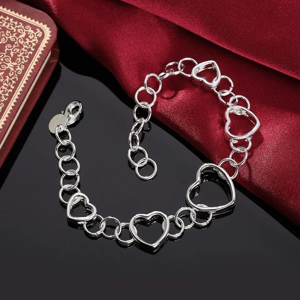 925 Sterling Silver Hearts Chain Bracelet